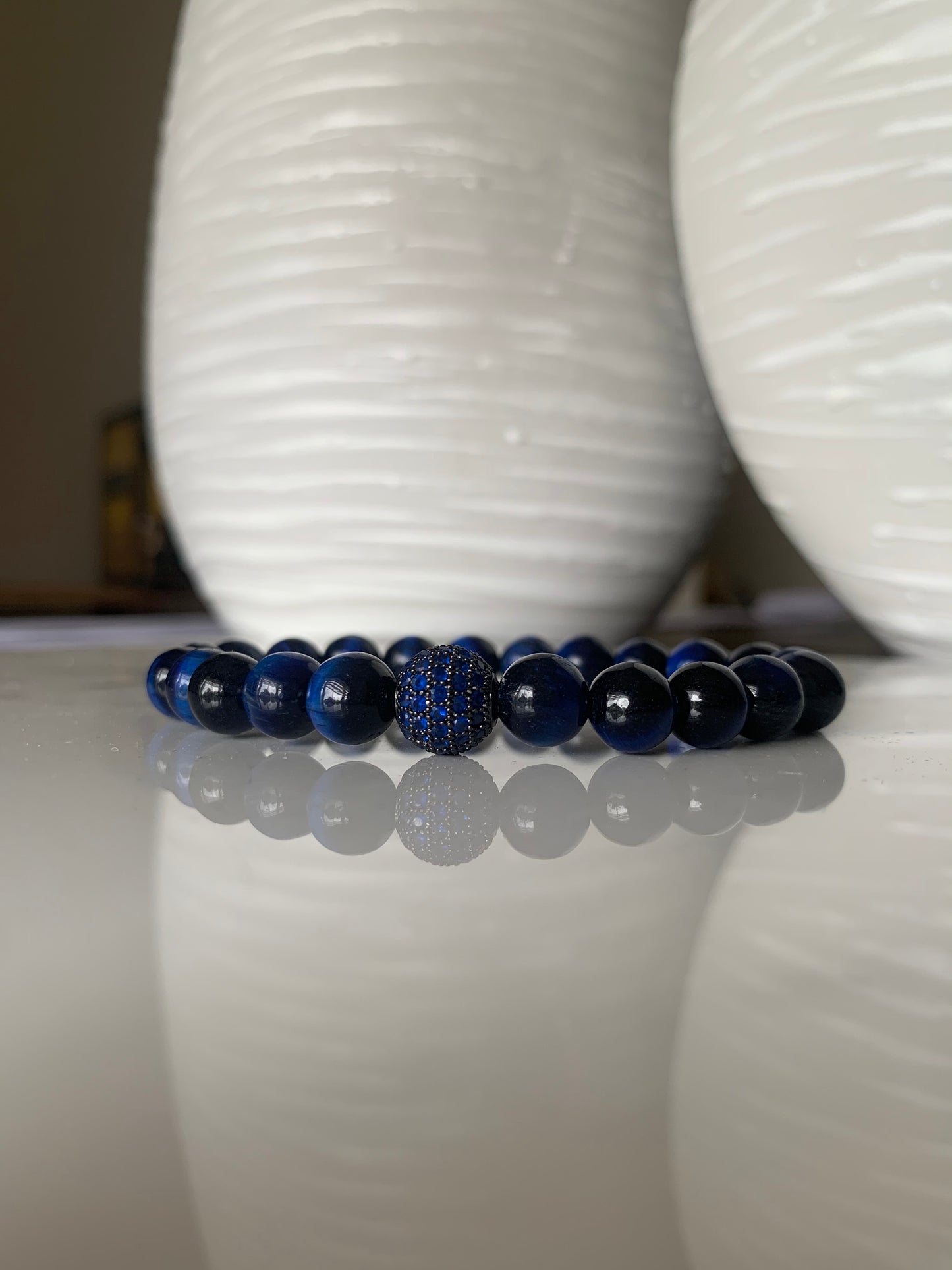 Blue Tiger Eye Bracelet with Deep Blue Gem