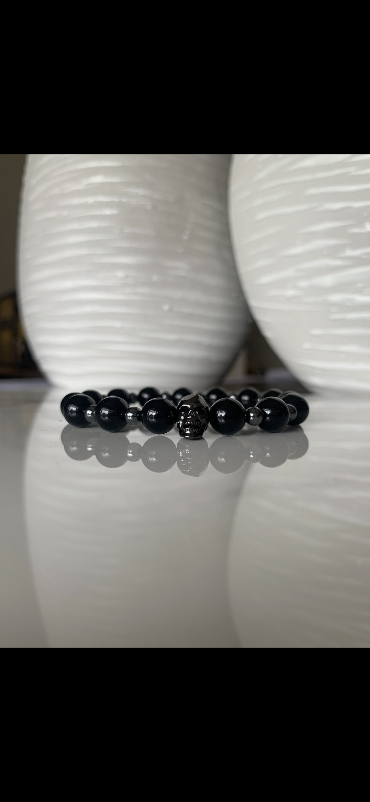 Black Onyx/Hematite Scull Bracelet