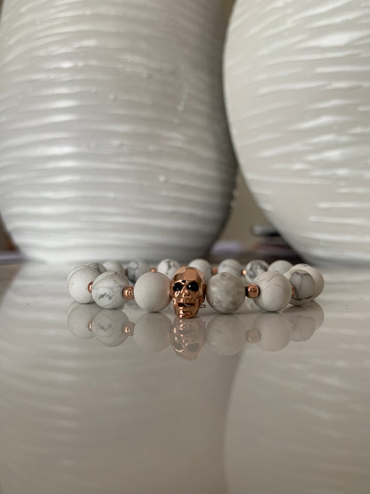 Howlite/Rose Gold Hematite Skull Bracelet
