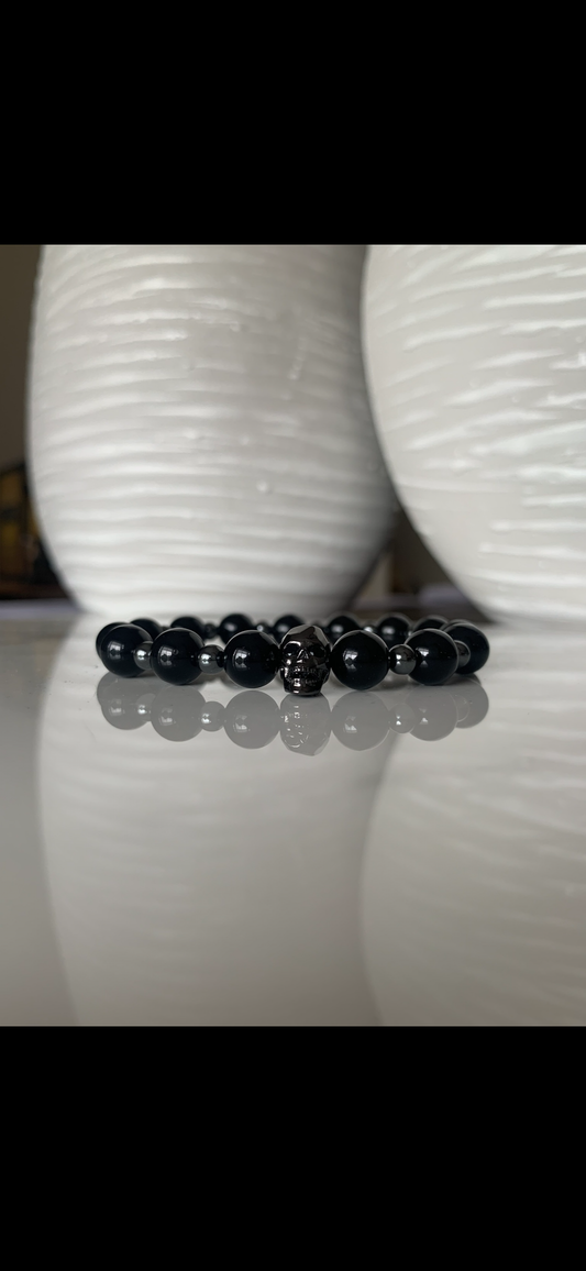 Black Onyx/Hematite Scull Bracelet